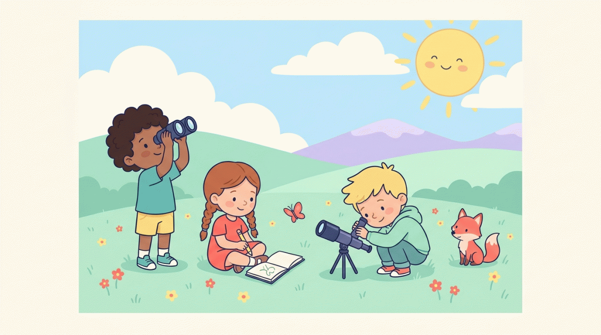 Niños explorando con binoculares y telescopio